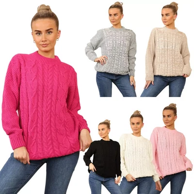 LADIES KNITTED CABLE KNIT JUMPER WOMENS FISHERMAN BAGGY OVER SIZE CHUNKY SWEATER - Image 1 of 4