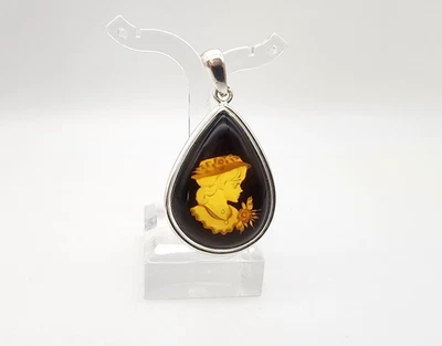 ¡NUEVO COLGANTE CAMAFEO INTAGLIO ARTISTA ÁMBAR NATURAL TALLADO A MANO PLATA DE LEY 925! Foto 1 de 4