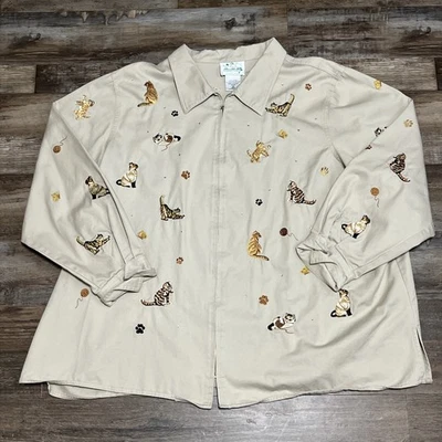 Quacker Factory Brown Tan SZ 3X Rhinestone Embroidered Kitty Cat Jacket - Image 1 of 4
