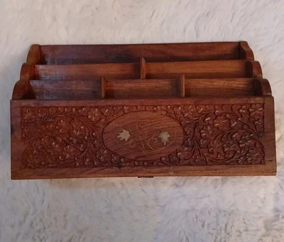 Vintage Hand Carved Wood Letter Holder Desktop Organizer Pier 1 Made In India - Image 1 of 4