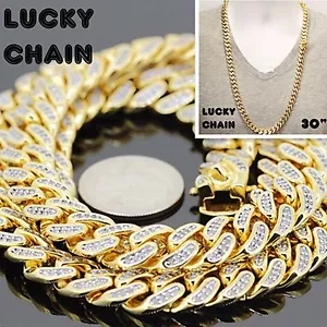 30"18K GOLD FINISH BLING OUT LAB DIAMOND CUBAN LINK CHAIN NECKLACE 12mm 205g - Picture 1 of 8