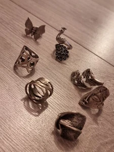 Pewter And Metal Adjustable Rings Peacock, Face, Shapes, Butterfly, Leaf - Picture 1 of 9