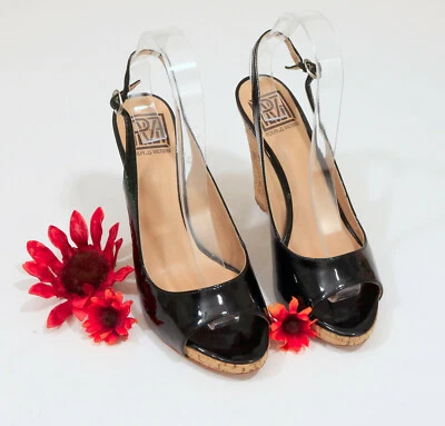 Pour la Victoire Black Patent Leather Cork Wedge Sandals US 8.5 - Image 1 of 4