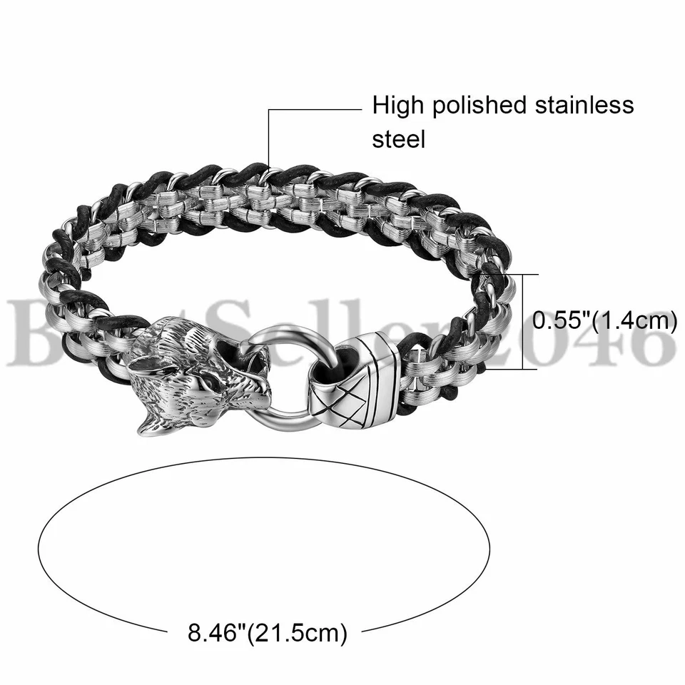 Pulseira de corrente masculina de couro de aço inoxidável para motociclista punk cabeça de lobo - Imagem 1 de 4