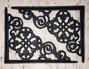 SET OF 2 VICTORIAN FLORAL PATTERN BRACKETS Antique Styled cast iron braces BLACK - Picture 1 of 4