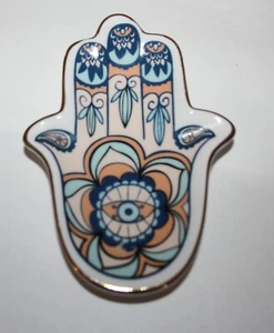 Hamsa Hand Ring Schmuck Schale blau Pfirsich Keramik 3" x 4,5" - Bild 1 von 7