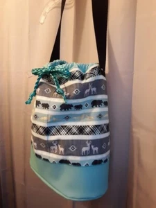 New Western Bucket Tote Sling Bag Bear Deer Print Aqua Black Large Oval carryall - Picture 1 of 7