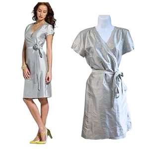Nuevo con etiquetas Vintage Y2K J.CREW Crudo Dupioni Seda Helada Plata Preppy Envolvente Camisa Vestido Talla 12 - Imagen 1 de 8