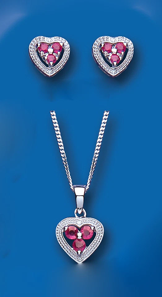 Ruby and Diamond Heart Set Pendant and Earrings Solid Sterling Silver - Image 1 of 1