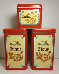Vintage Set of 3 CHEINCO Metal Tin Kitchen Canisters & Lids Red & Yellow Floral - Picture 1 of 18