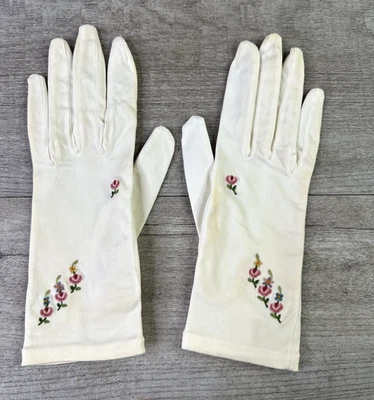 Guantes Vintage Denise Francelle Talla 7 Bordados Flores Blanco Foto 1 de 4