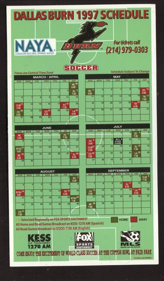 达拉斯燃烧--1997 磁铁时间表--娜亚泉水--MLS — 第 1/1 张图片
