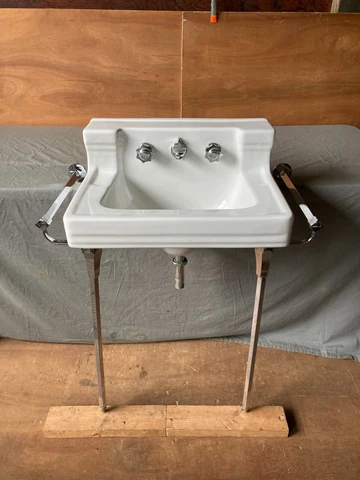 Vtg Mid Century White Bath Wall Sink Chrome legs Towel Bars Old Standard 461-23E Cover