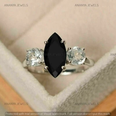 Real 925 Sterling Silver 2.00CT Marquise Cut Lab-Created Spinel Three Stone Ring - Image 1 of 3