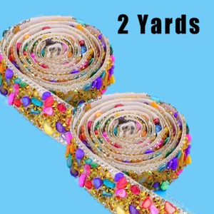 2Yard Crystal Fake Gem Stickers Stone Self-Adhesive Trim Applique Ribbon Sewing - Picture 1 of 28