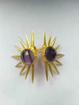 Hydro Amethyst Quartz 9 Rays Stud Earring Faceted Gemstone Earring Gold Plated - Изображение 1 из 4