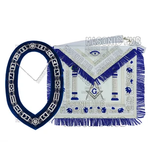 Master Mason Masonic Regalia Lambskin Apron & Chain Collar - Hand Embroidered - Picture 1 of 12