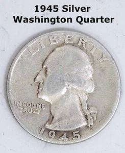 1945-P Washington Silber Quarter Dollar Krieg Münze 25 Cent fein sehr schön volles Motto - Bild 1 von 2