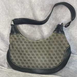Dooney & Bourke Signature Logo Fabric Shoulder Bag Purse w Black Leather Trim - Picture 1 of 12