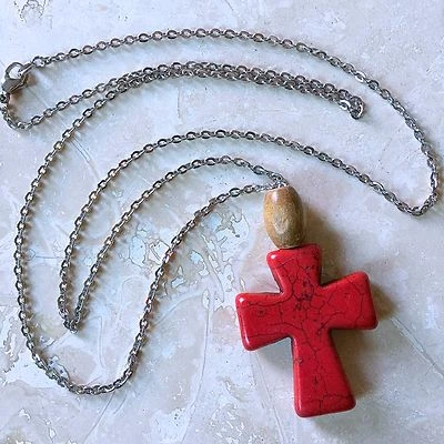 Red Howlite Cross Necklace w/ Wooden Bead on Stainless Steel Flat Cable Chain - Image 1 of 4