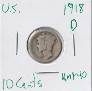 Moneda Estados Unidos 10 Céntimos (Mercurio) 1918 D KM140, plata - Imagen 1 de 2