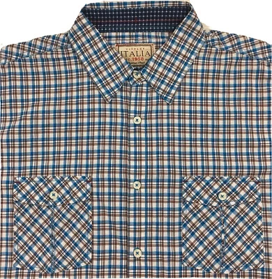 Camisa xadrez masculina vintage ITÁLIA azul marrom G grande P/S nova com etiquetas $79.50 nova BOM! - Imagem 1 de 4
