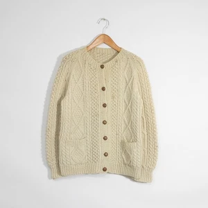 Vintage Cable Knit Wool Cardigan Sweater Womens Medium - Distressed Popcorn Knit - Picture 1 of 10