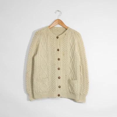 Cárdigan suéter de lana tejido con cable vintage para mujer mediano - tejido palomitas de maíz envejecido Foto 1 de 4
