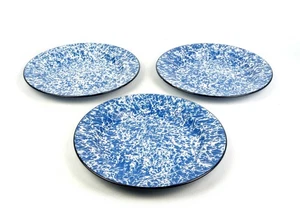 Lot of 3 x Blue & White Splatter Spongeware Enamel 10.25” Luncheon Plates - Picture 1 of 8