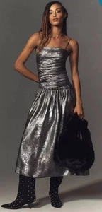NWT Anthropologie La Maise Studio Ruched Drop Waist Foil Silver midi Dress XL ! - Picture 1 of 8