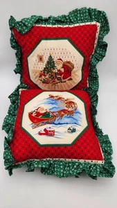 Vintage 90s Christmas Santa Throw Pillows Set Holiday Decorative 18x18 Green Red - Picture 1 of 5