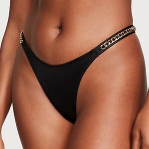Victorias Secret VERY SEXY Gold Chain Waisted Thong Panty Black Satin Small NWT