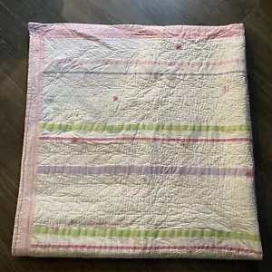 Rare Vintage POTTERY BARN KIDS Full Queen Quilt Pink Floral Ribbon Stripe - Picture 1 of 7