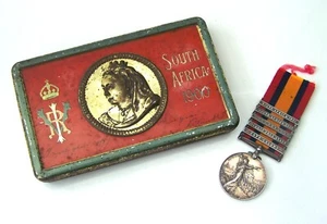 BOER WAR 5 CLASP EAST SURREY QSA MEDAL & VICTORIA 1900 CHRISTMAS CHOCOLATE TIN - Picture 1 of 24