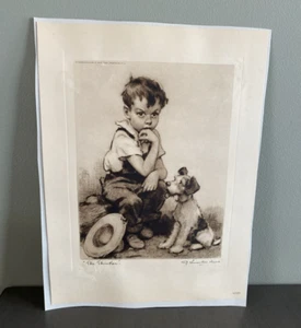 Antique J. KNOWLES HARE "The Thinker" Etching Brown & Bigelow Boy & Dog Puppy - Picture 1 of 6