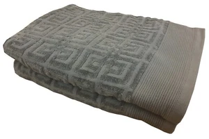 PACK OF 2 BATH TOWELS GREEK KEY GREY STRIPE BORDER SLATE CHARCOAL COTTON - Picture 1 of 1