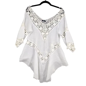 Vivid Importers Coastal White Crochet Gauze Top Shirt Blouse Womens Large Boho - Picture 1 of 9