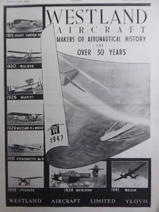 3/1947 PUB WESTLAND AIRCRAFT WAPITI WELKIN WHIRLWIND LYSANDER WALRUS ORIGINAL AD - Bild 1 von 2