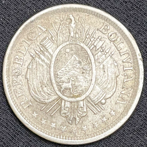 1899 PTS MM Bolivia 50 Centavos Coat of Arms Silver Coin Condition About UNC Cover