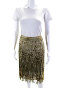 Lafayette 148 New York Womens Hook Closure Fringe Sequin Midi Skirt Green Size 1
