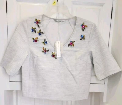 Blusa TRINA TURK Top Gris Adornada con Joyas ¡NUEVA CON ETIQUETAS! M Medium Foto 1 de 4