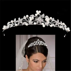 Wedding Bride Bridal Prom Queen Pearl Crystal Flower Tiara Princess Tiara Crown - Picture 1 of 5