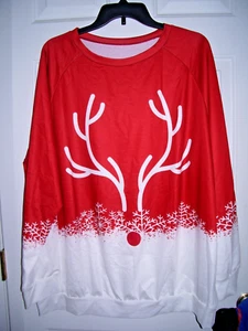 NEW SIZE 2X WOMEN'S LONG SLEEVE PULLOVER RED & WHITE REINDEER & SNOWFLAKE TOP - Picture 1 of 4