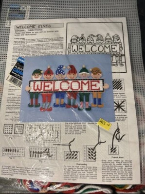 Darice PLASTIC CANVAS KIT “Welcome Elves” Gnomes Sealed Vtg 1985 Discontinued - Image 1 of 4