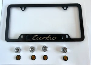 Porsche Carbon Fiber License Frame w/Turbo Script & 4 Silver Plate Bolts - OEM - Picture 1 of 2