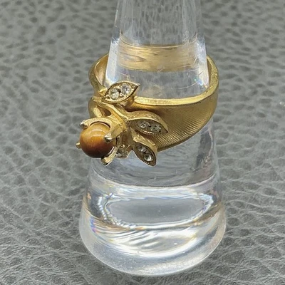 复古戒指 18KHGE 水钻叶棕色凸圆形尺寸 6.5 服装珠宝首饰 — 第 1/4 张图片