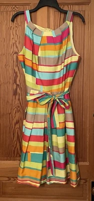 Chetta B Womens Striped Fit N Flare Dress Belted Size 14 Red Orange Aqua - Image 1 of 4
