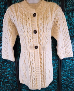 VTG KILRONAN WOOL SWEATER WOMENS M BEIGE BUTTON CARDIGAN 3/4 SLEEVE ARAN CABLE - Picture 1 of 14