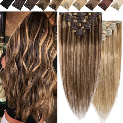 Echthaar Tressen Clip In Extensions 100% Remy Haar Haarverlängerung 7 Stück 120g - Bild 1 von 4
