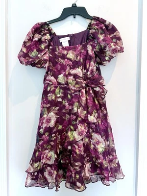 Bonnie Jean Girls Sz 14 Lea Chiffon Puff Sleeve Dress Dark Floral Metallic Party - Image 1 of 4